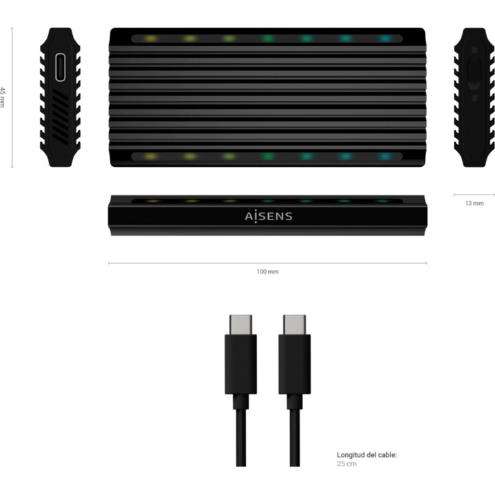 Externes GehäusefürSSD M.2 SATA/NVMe Aisens ASM2-RGB012B/ USB 3.2/ Ohne Schrauben