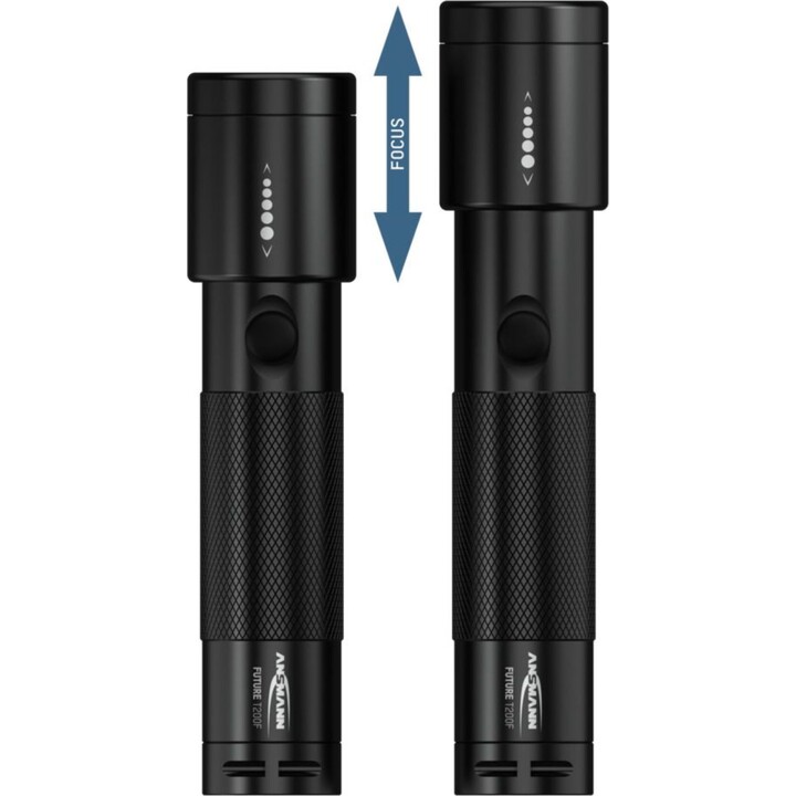Ansmann Linterna LED Future T200F a batería, IP54, 7.650 Lux, 3 W, Negra