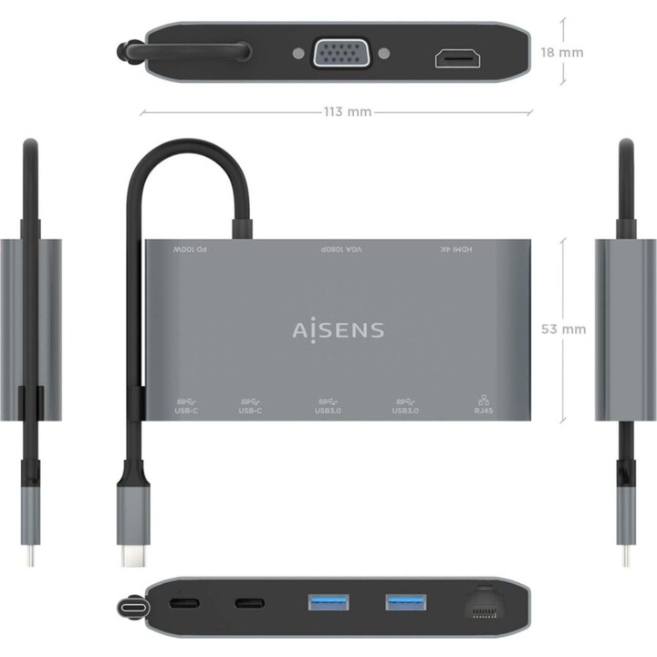 ocking USB Tipo-C Aisens ASUC-8P010-GR/ 1xHDMI/ 1xVGA/ 2xUSB/ 1xRJ45/ 2xUSB Tipo-C/ 1xUSB Tipo-C PD/ Cinza