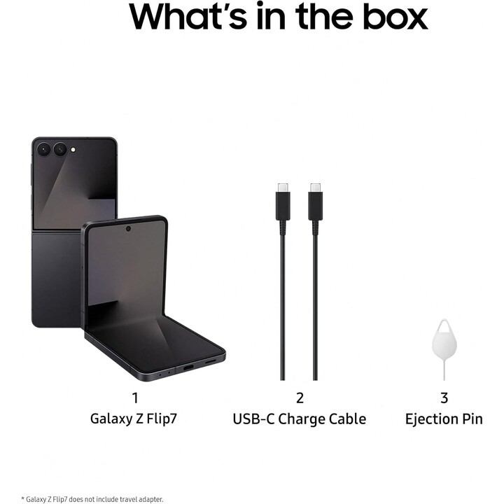 Samsung Galaxy Z Flip7 5G, 12GB 512GB, AI Phone, Large Cover Screen, 50MP Camera, 4300mAh, Jet Black