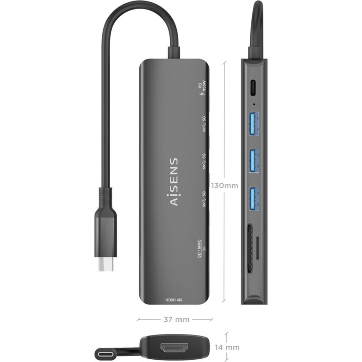 ocking USB Type-C Aisens ASUC-7P025-GR/ 1xHDMI/ 3xUSB/ 1xUSB Type-C PD/ 1xCard Reader/ Gray