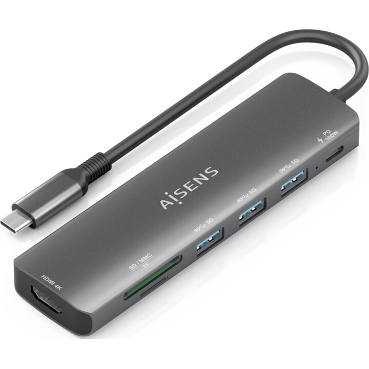 ocking USB Type-C Aisens ASUC-7P025-GR/ 1xHDMI/ 3xUSB/ 1xUSB Type-C PD/ 1xCard Reader/ Gray