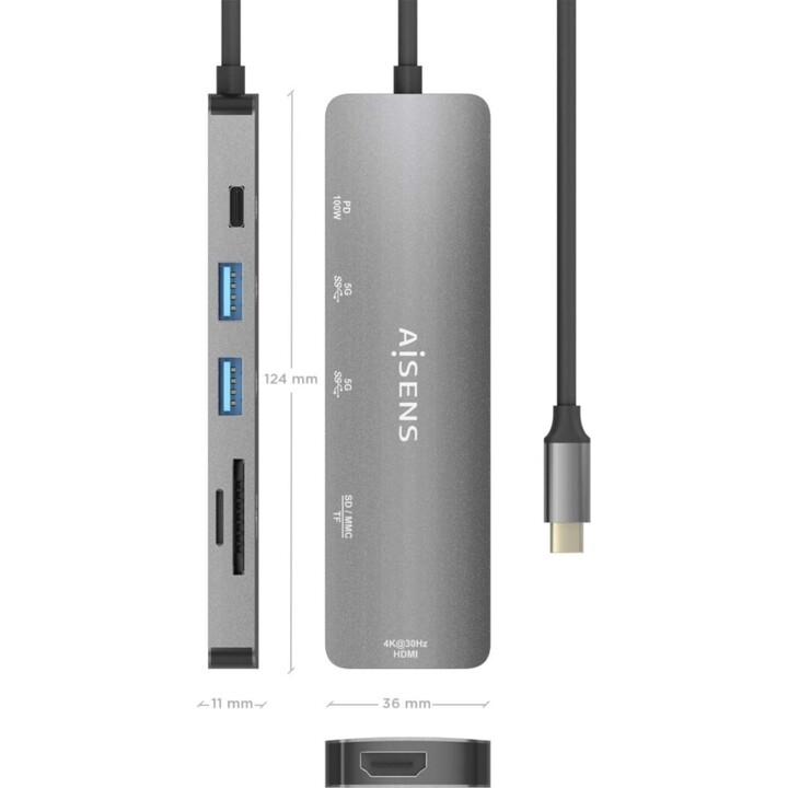 ocking USB Tipo-C Aisens ASUC-6P016-GR/ 1xHDMI/ 2xUSB/ 1xCard Reader/ 1xUSB Tipo-C PD/ Cinza