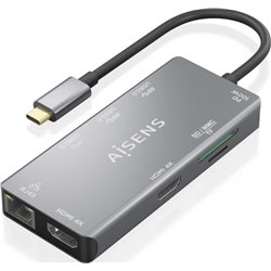 Station d accueil USB Type-C Aisens ASUC-9P018-GR/ 2xHDMI/ 3xUSB/ 1xRJ45/ 1xLecteur de carte/ 1xUSB Type-C PD/ Gris