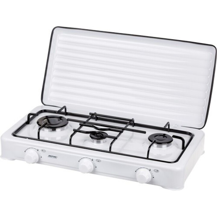 MPM KN-03/1K, 3-zone portable gas stove ideal for camping with enameled support rack, White