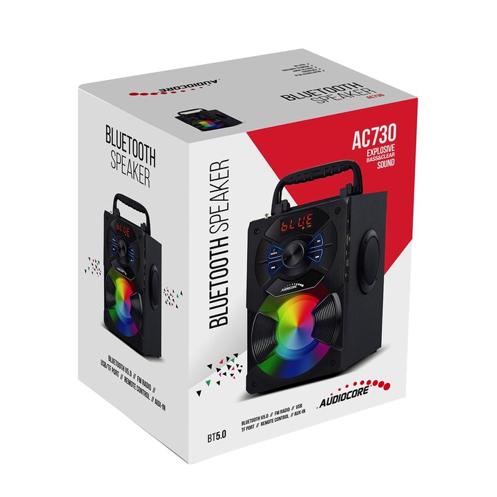 Enceinte Bluetooth portable Audiocore AC730 / Radio / SD / MMC / Entrée auxiliaire / USB / Éclairage / Télécommande / Antenne t