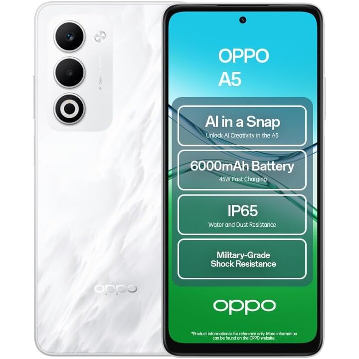 OPPO A5 5G, 4 Go 128 Go, IP65, double sim, 6000 mAh, blanc