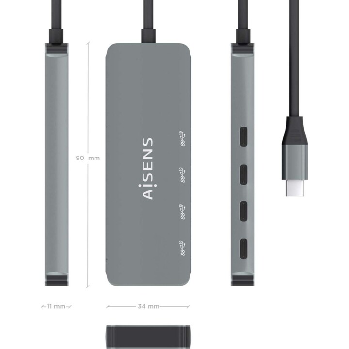 Aisens A109-0695 – Hub USB 3.2 Gen2 10G USB-C, USB-C/M-4xUSB-C/H, gris, 15cm
