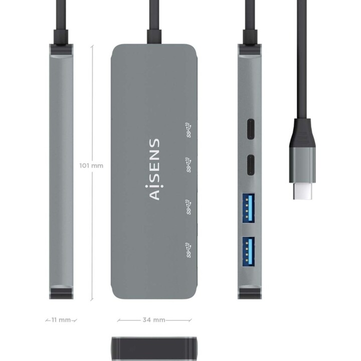 Aisens A109-0694 USB-Typ-C-Hub/2xUSB/2xUSB-Typ-C/Grau