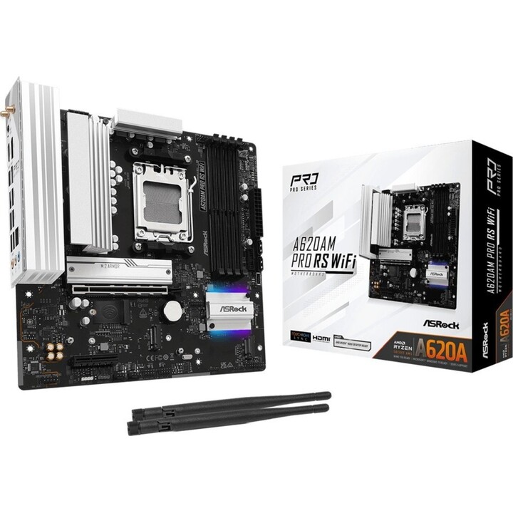 ASROCK A620 AM Pro RS WiFi, AM5, Micro ATX, 4 DDR5, HDMI, DP, Wi-Fi 6E, 2,5 g LAN, RGB, 3x M.2