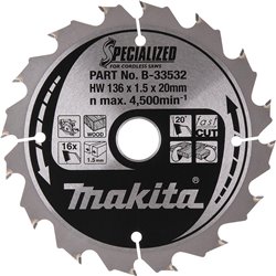 Cuchilla de sierra circular, especializada, TCT, 136x20 mm, 16t, B-33532