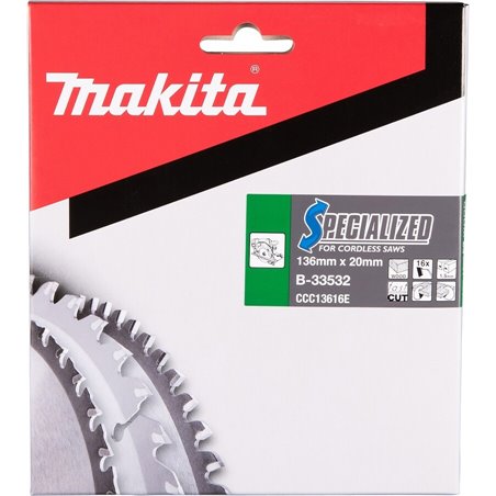 Cuchilla de sierra circular, especializada, TCT, 136x20 mm, 16t, B-33532
