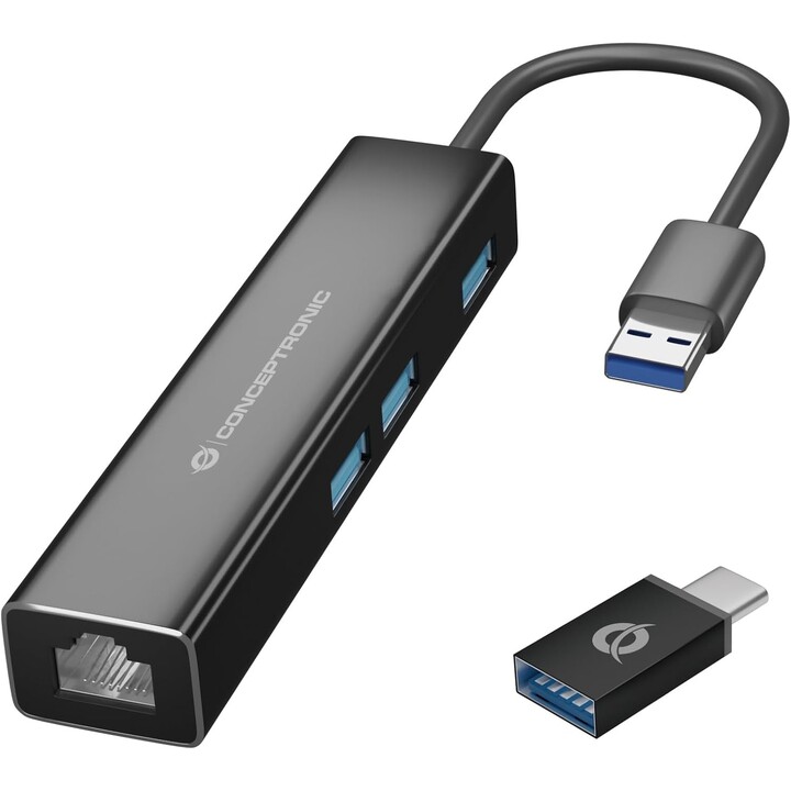 DONN07BA - Adattatore di rete Gigabit USB 3.2 Gen 1 con hub USB a 3 porte, 3 porte USB-A, Wake-on-LAN, cavo USB C/A 2 in 1