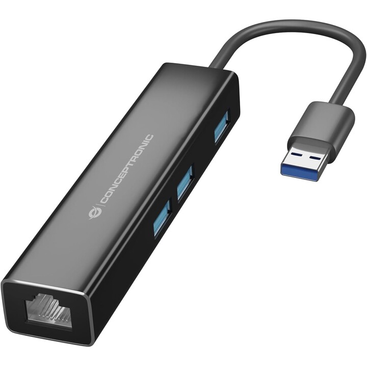 DONN07BA - Adaptador de rede Gigabit USB 3.2 Gen 1 com hub USB de 3 portas, 3x USB-A, Wake-on-LAN, cabo USB C/A 2 em 1