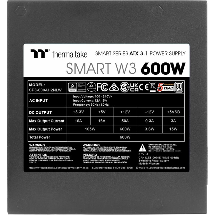 Carte mère Thermaltake Smart W3 ATX 12 V 3.1 80+ 600 W