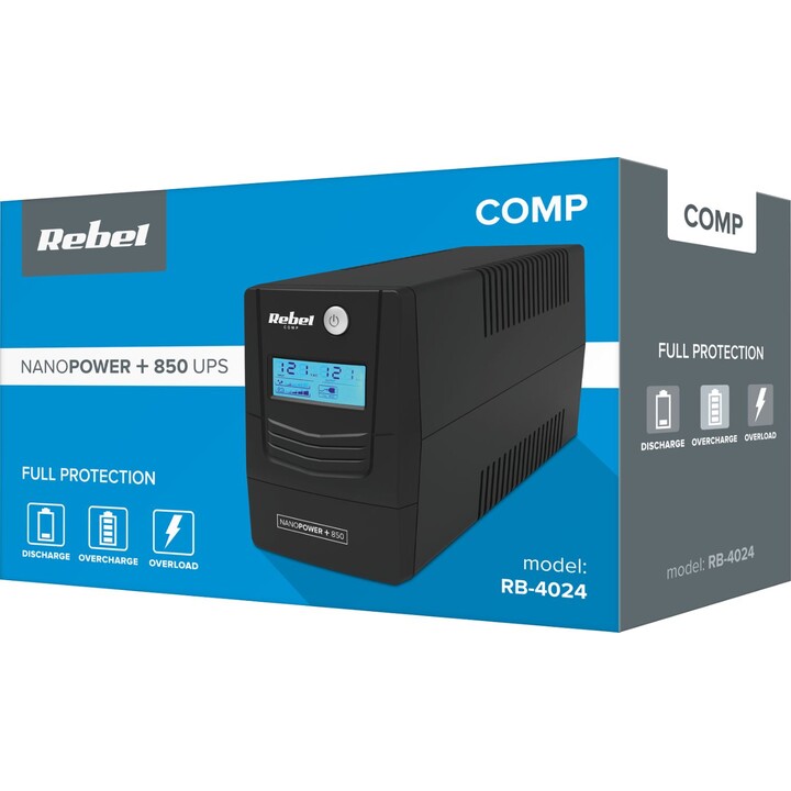 Rebel Sistema de alimentación ininterrumpida Nanopower Plus 850 UPS, Pantalla LCD, Puertos USB y RJ45