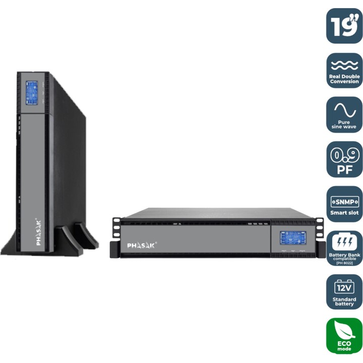 UPS Online Phasak Rack 19' 2000 VA Online LCD/ 2000VA-1800W/ 4 Saídas/ Formato Rack