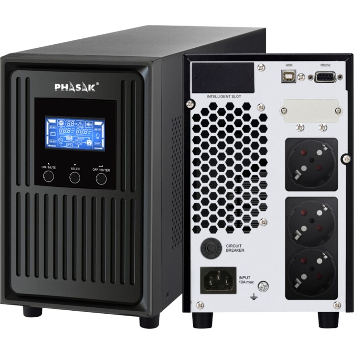 Sistema de Alimentación Ininterrumpida Phasak Conqueror Pro Online 2000 VA PH 8020, Modo ECO, Pantalla LCD