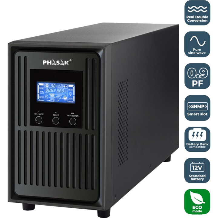 Sistema de Alimentación Ininterrumpida Phasak Conqueror Pro Online 2000 VA PH 8020, Modo ECO, Pantalla LCD