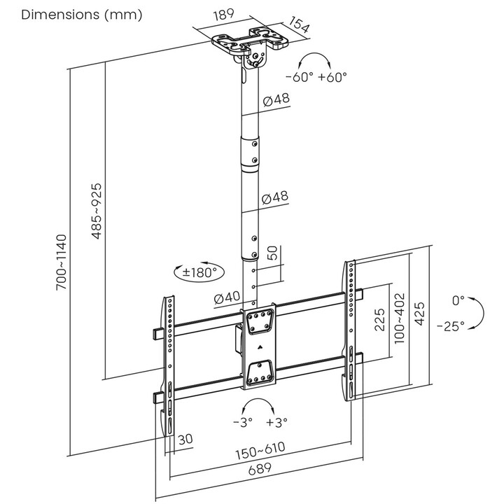 Suporte de teto para TV Maclean, carga máxima de 60 kg, 43-86", VESA máx. 600x400, MC-112 B