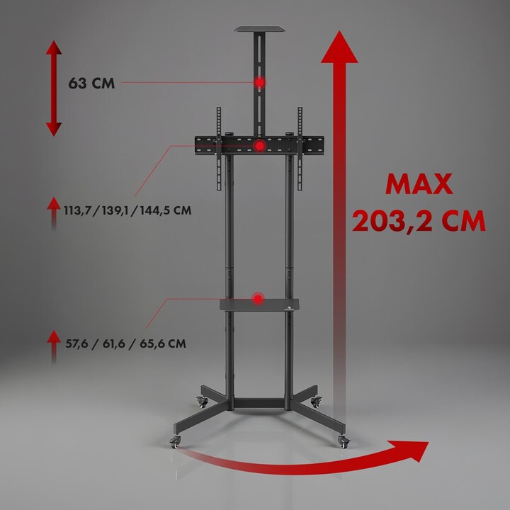 Suporte/carrinho de TV Maclean, prateleira para câmera, sobre rodas, 37-70", carga máxima de 45 kg/prateleira de 5 kg, VESA