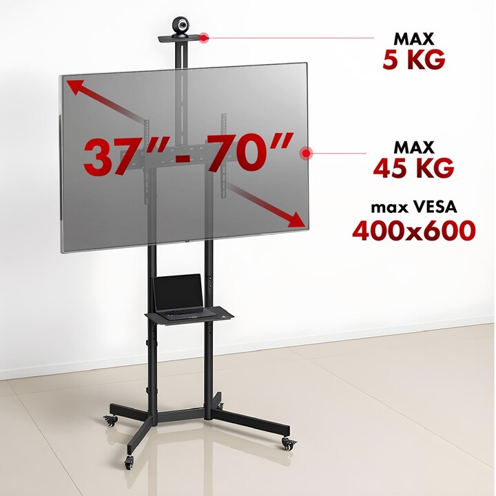 Suporte/carrinho de TV Maclean, prateleira para câmera, sobre rodas, 37-70", carga máxima de 45 kg/prateleira de 5 kg, VESA
