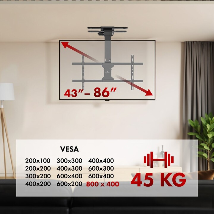 Elektrische Halterung für Maclean TV, Decke, Tuya-Support, max. VESA 800x400, für TV 43-86", max. 45kg, MC-110 T