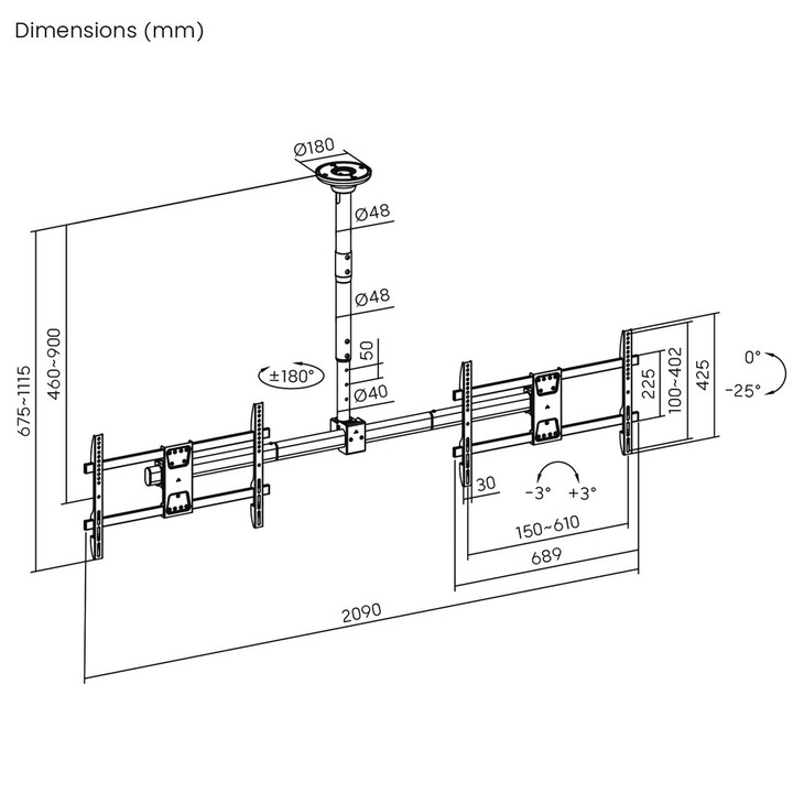 Maclean Ceiling Mount for Two TVs, Max Load 2x40kg, 34-60", Max VESA 600x400, MC-111 B