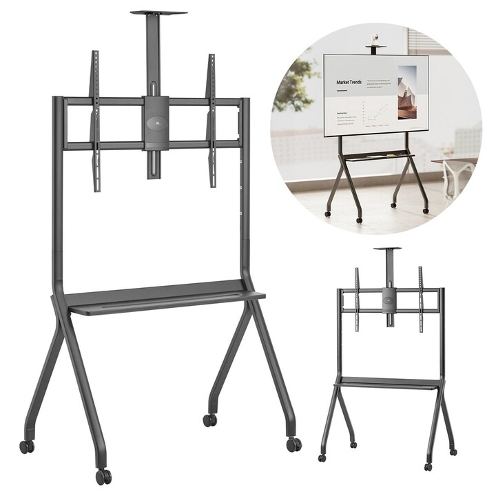 Maclean TV stand/trolley, camera shelf, on wheels, 55-100", max load 120kg/10kg shelf, max VESA 900x600, black