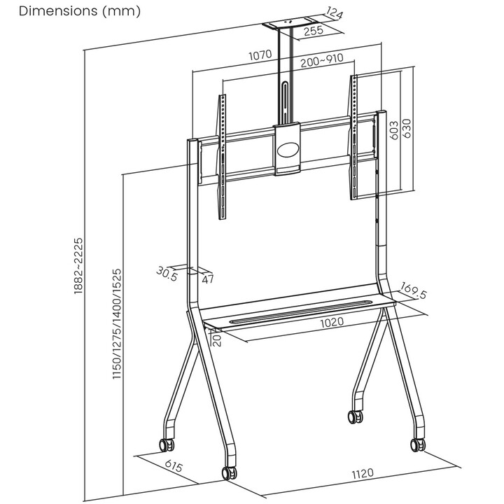Maclean TV stand/trolley, camera shelf, on wheels, 55-100", max load 120kg/10kg shelf, max VESA 900x600, black