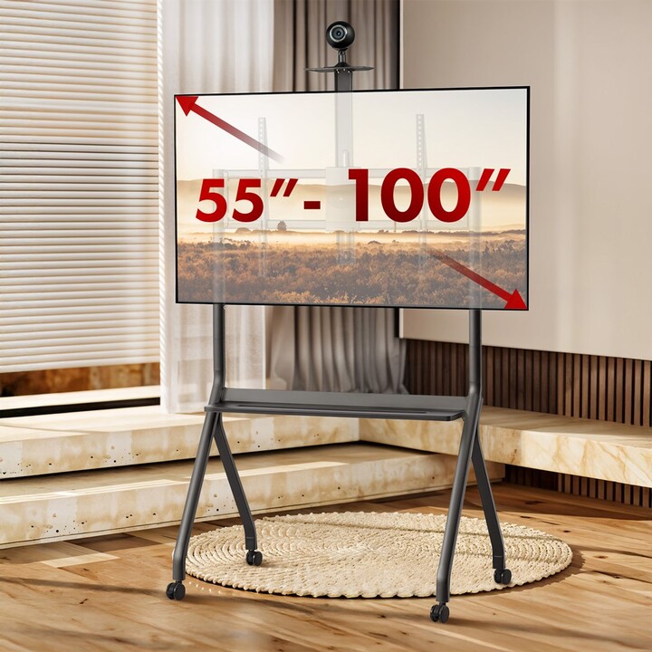 Maclean TV stand/trolley, camera shelf, on wheels, 55-100", max load 120kg/10kg shelf, max VESA 900x600, black