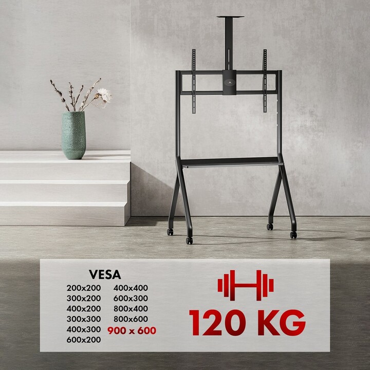 Maclean TV stand/trolley, camera shelf, on wheels, 55-100", max load 120kg/10kg shelf, max VESA 900x600, black