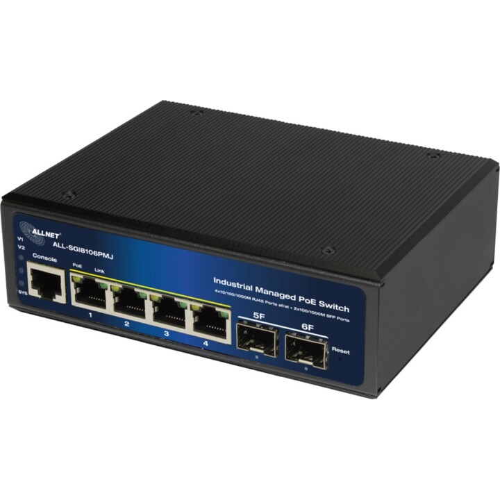 Allnet Conmutador industrial totalmente gestionado de capa 2+, 6 puertos GbE, Presupuesto PoE de 120 W, 4 PoE+, 2 SFP