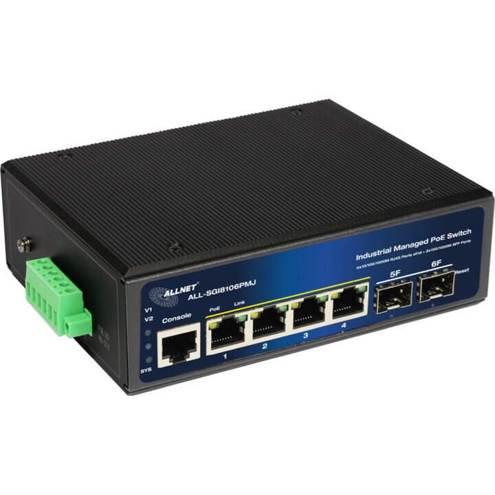 Allnet Conmutador industrial totalmente gestionado de capa 2+, 6 puertos GbE, Presupuesto PoE de 120 W, 4 PoE+, 2 SFP