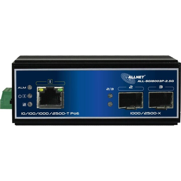 Allnet Conmutador industrial no administrado de capa 2, 3 puertos, 2.5 GbE, Presupuesto PoE de 90 W, 1 puerto PoE