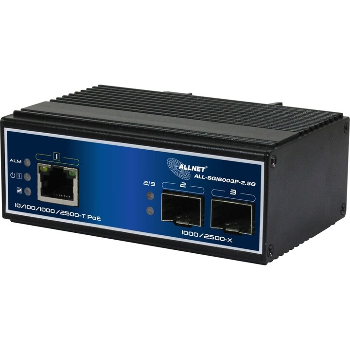 Allnet Conmutador industrial no administrado de capa 2, 3 puertos, 2.5 GbE, Presupuesto PoE de 90 W, 1 puerto PoE