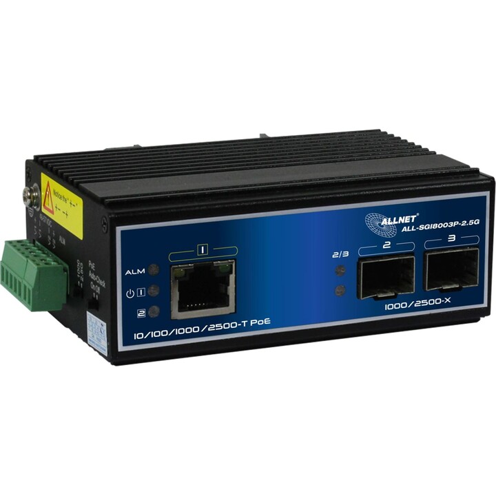 Allnet Conmutador industrial no administrado de capa 2, 3 puertos, 2.5 GbE, Presupuesto PoE de 90 W, 1 puerto PoE