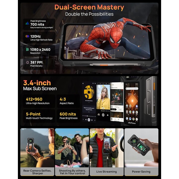 Ulefone Armor 33 Pro 5G, 32GB+512 GB/2TB, doppio schermo, dimety 7300+, 6,95+3.4 FHD+120Hz Display, 50 MP+64MP+32MP, nero