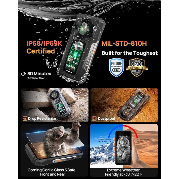 Ulefone Armor 33 Pro 5G, 32GB+512 GB/2TB, doppio schermo, dimety 7300+, 6,95+3.4 FHD+120Hz Display, 50 MP+64MP+32MP, nero