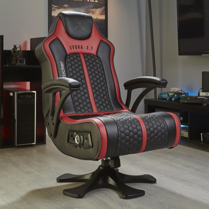 Silla gaming X Rocker Evora 2.1, sistema de audio inalámbrico y motor de vibración, negro/rojo