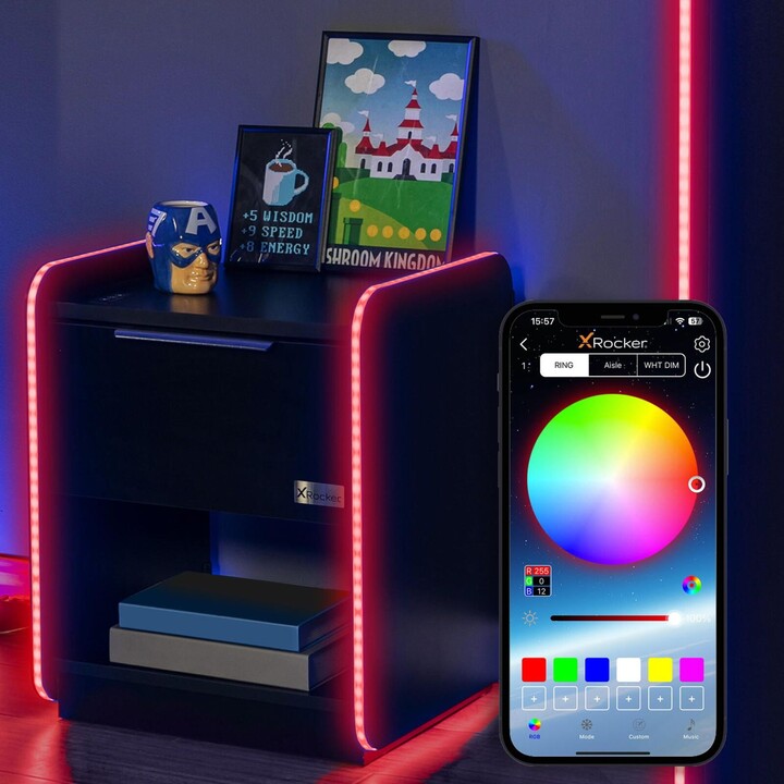 X Rocker Electra Nachttisch - Gaming Nachtschrank mit RGB-Beleuchtung, App-Steuerung & Wireless Charging