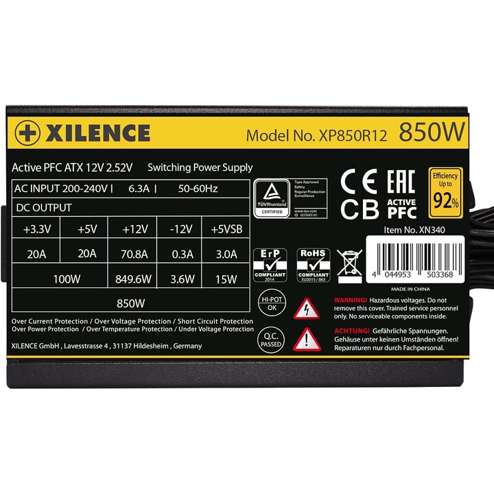 Fuente de alimentación | XILENCE | 850 vatios | Eficiencia 80 PLUS GOLD | PFC activo | XN340