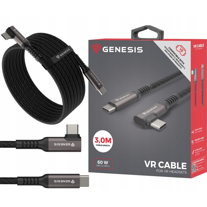 Cavo usb-c m/m 3.2 gen 2 3m 10gb/s pd60w vr nero genesis