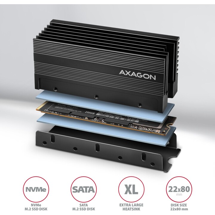 Axagon CLR-M2XL Computerkühlsystem M.2 NVMe SSD, Solid-State-Laufwerk Kühlkörper/Radiator Schwarz 1 Stück(e)