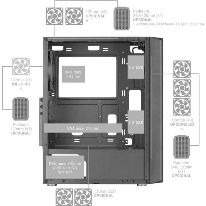 Caja de PC Mars Gaming Mc-ipro Professional ATX con rejilla frontal y ventilador de vidrio templado 3D FDB de 12 cm, negro
