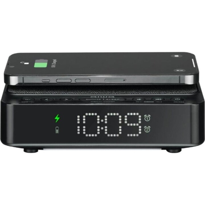 Aiwa Reloj despertador CR-30BK FM Carga inalámbrica 5W Dual Alarma LED USB Negro