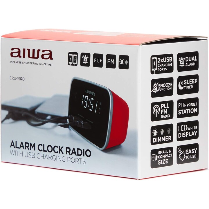 Aiwa CRU-19RD Radio reloj despertador rojo, digital, doble USB carga para smartphones y tablets