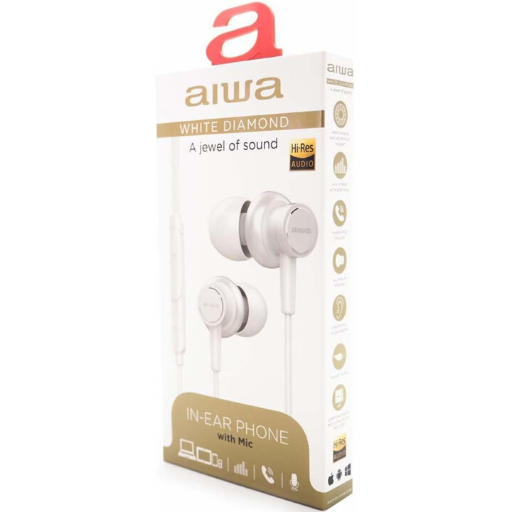 Écouteurs intra-auriculaires AIWA ETM-500WT White Diamond, boîtier en aluminium, pilote de 10 mm avec aimant N40 et diaphragme