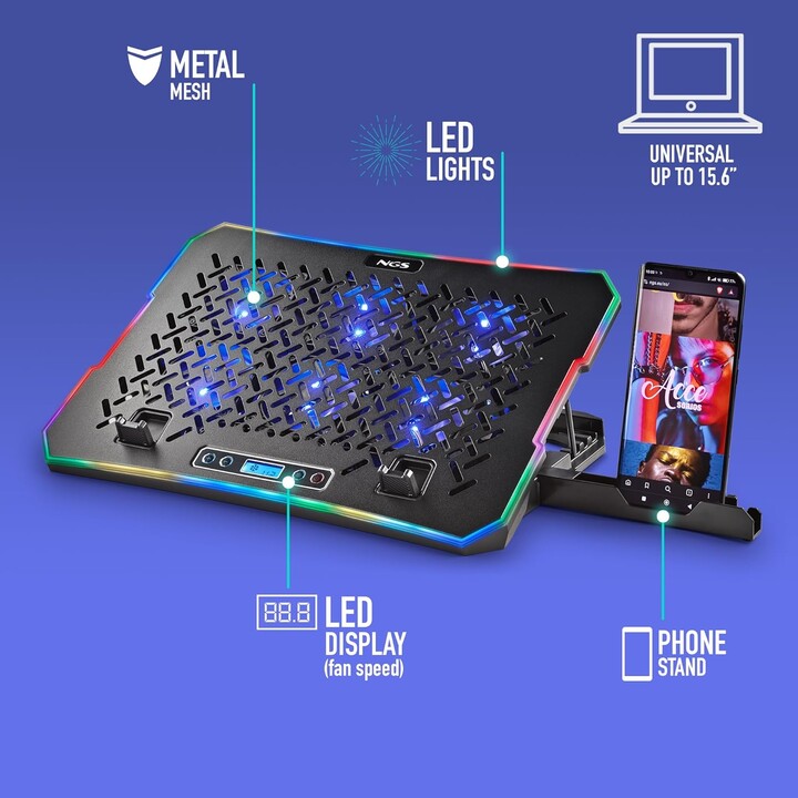 NGS Hero Stand Laptop Cooling Pad with 6 Fans and LCD Screen Support for 15.6" Laptops