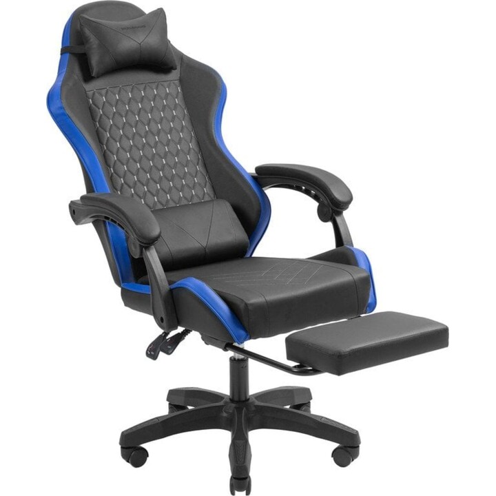 Fauteuil de jeu inclinable Mars Gaming MGCXBBL noir et bleu avec accoudoirs réglables et coussins repose-pieds